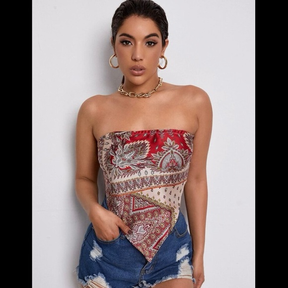 SHEIN Paisley Print Bandana Tube Top SMALL 4 SATIN SCARF RED STRAPLESS FESTIVAL - Picture 5 of 6
